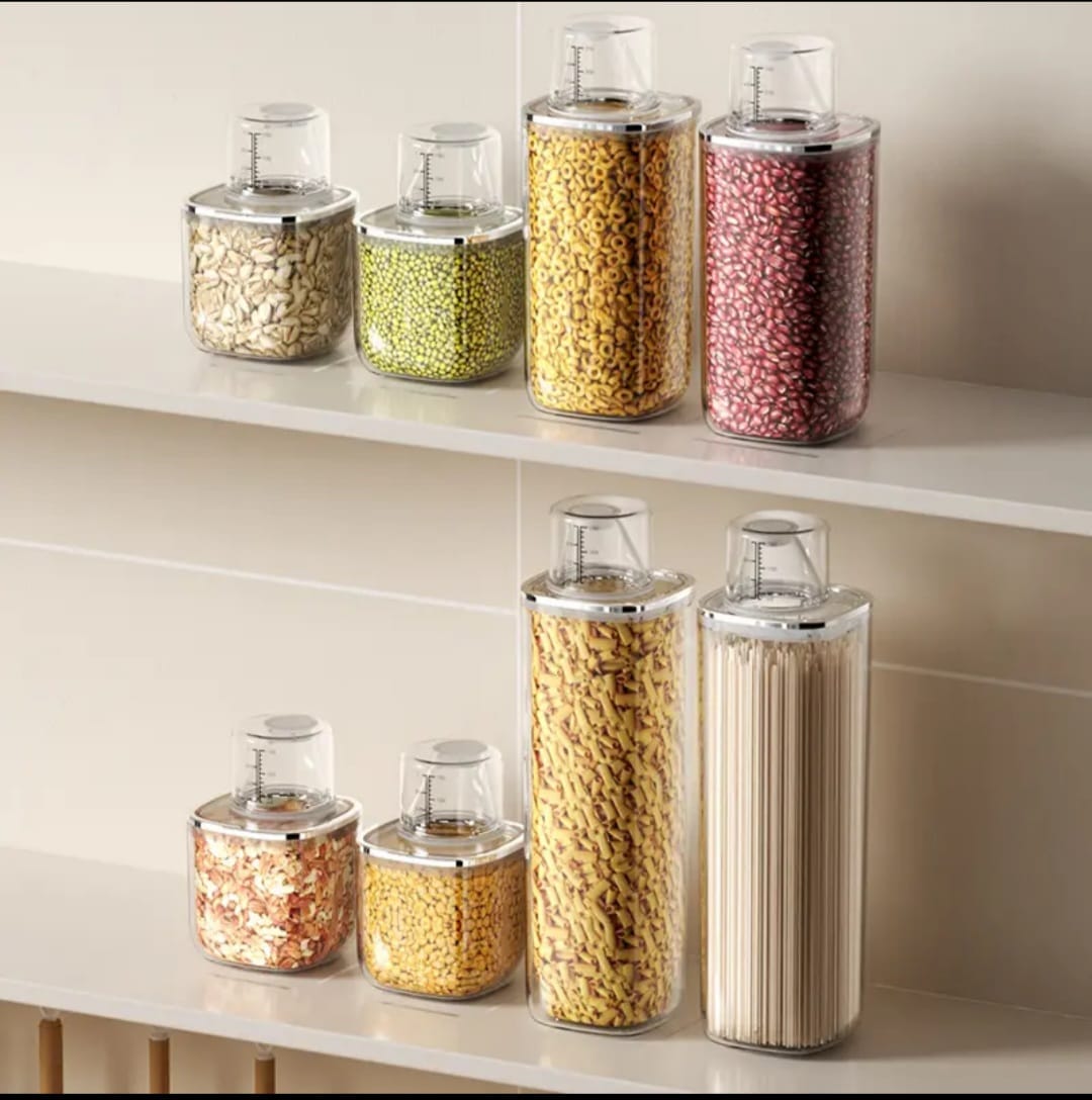 Transparent Kitchen Storage Jars with Measuring Lid – Set of Containers
